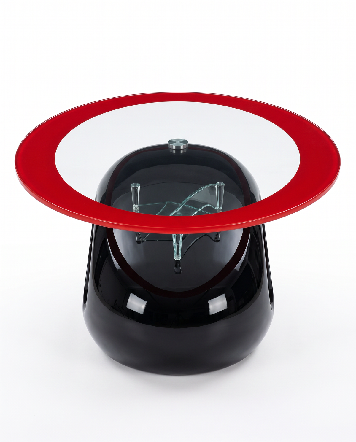 Clear Oval Glass, Red Border Coffee Table, Sculpted Hi Gloss Black Base 47.25W 27.5D 13H