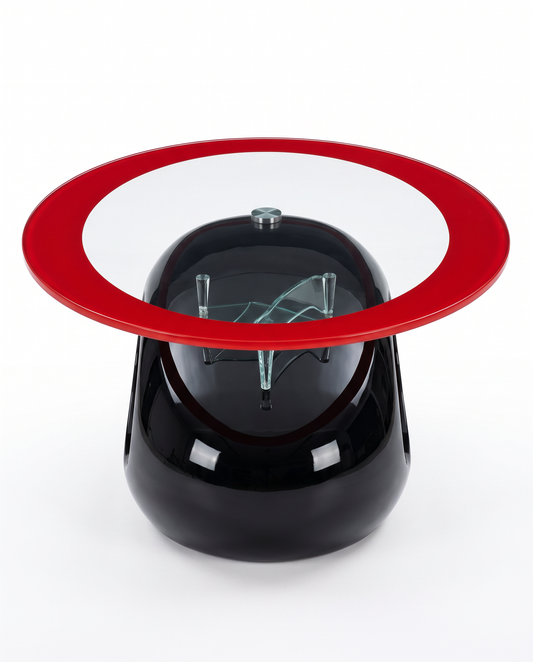 Clear Oval Glass, Red Border Coffee Table, Sculpted Hi Gloss Black Base 47.25W 27.5D 13H
