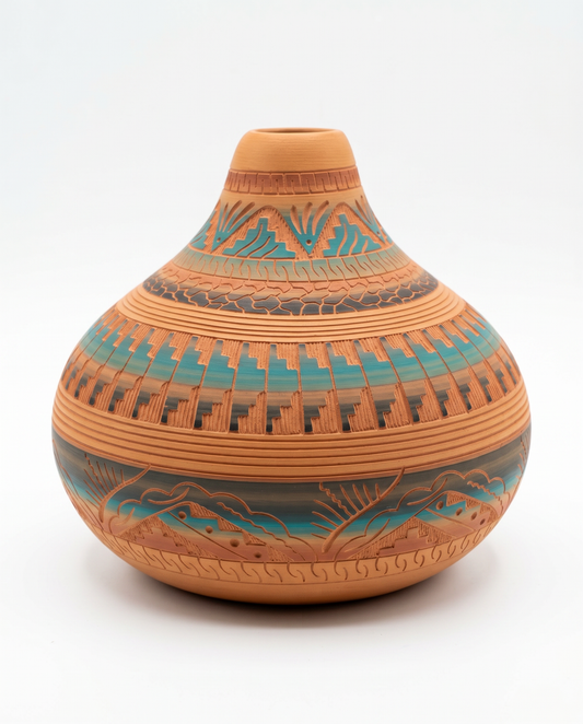 Signed Susie Charlie Navajo Native American Etched Terracotta Seed Vase