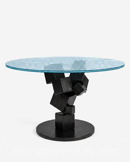 Italian Sculptural Black Iron Base Dining Table w/Crackled Layered Glass 54Dia 30H