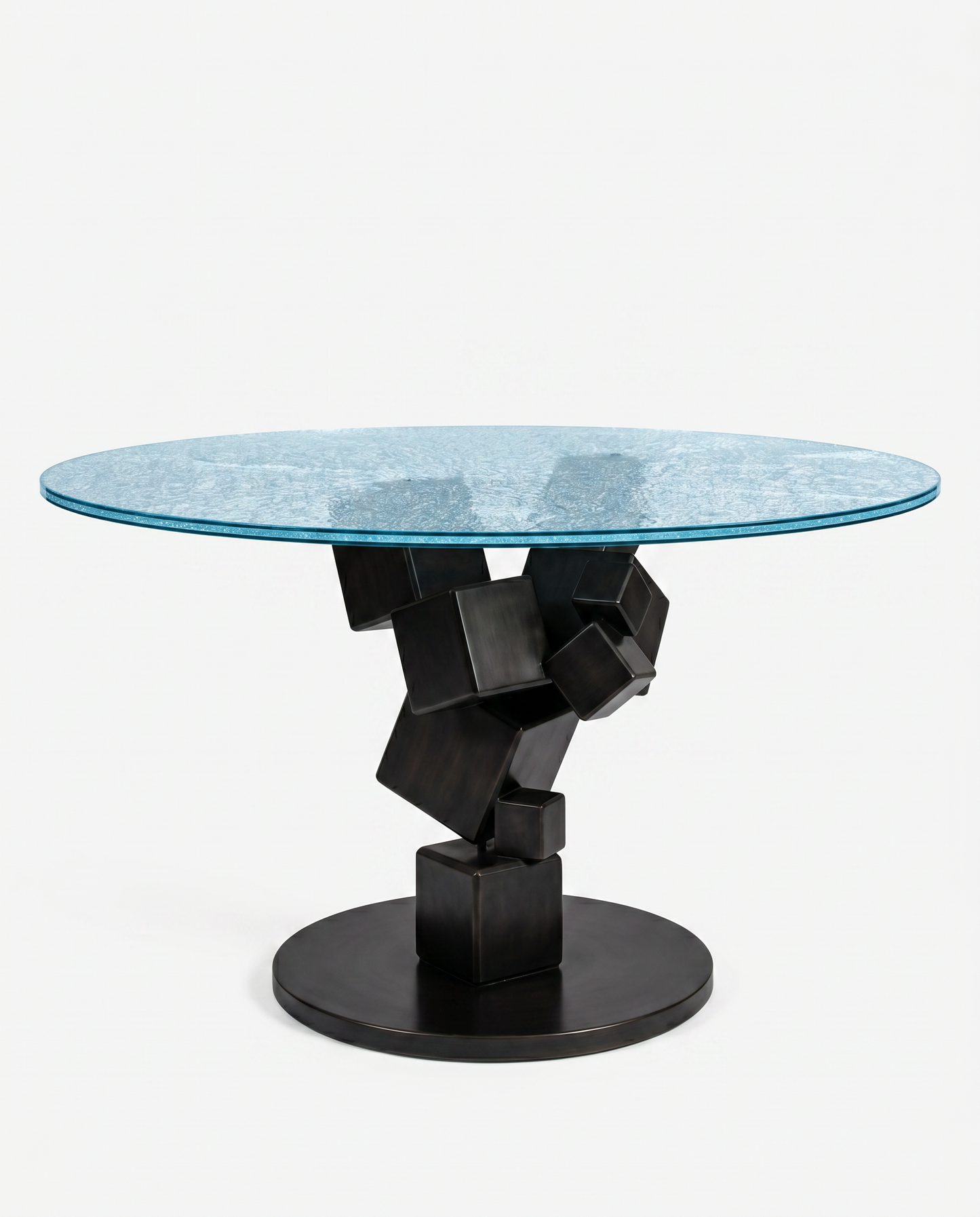 Italian Sculptural Black Iron Base Dining Table w/Crackled Layered Glass 54Dia 30H