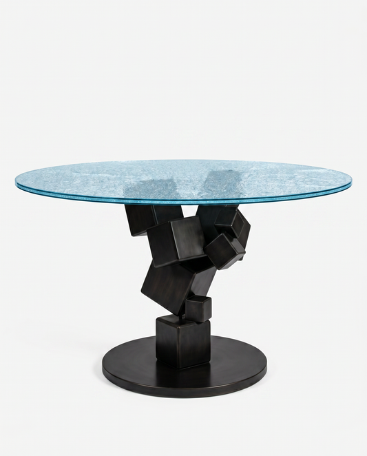 Italian Sculptural Black Iron Base Dining Table w/Crackled Layered Glass 54Dia 30H