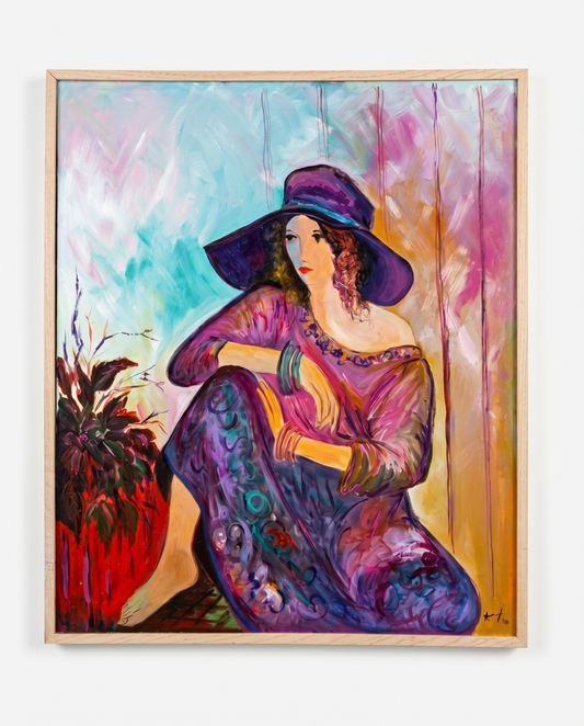 "Woman with Hat" Original Oil on Canvas by Aref 1990