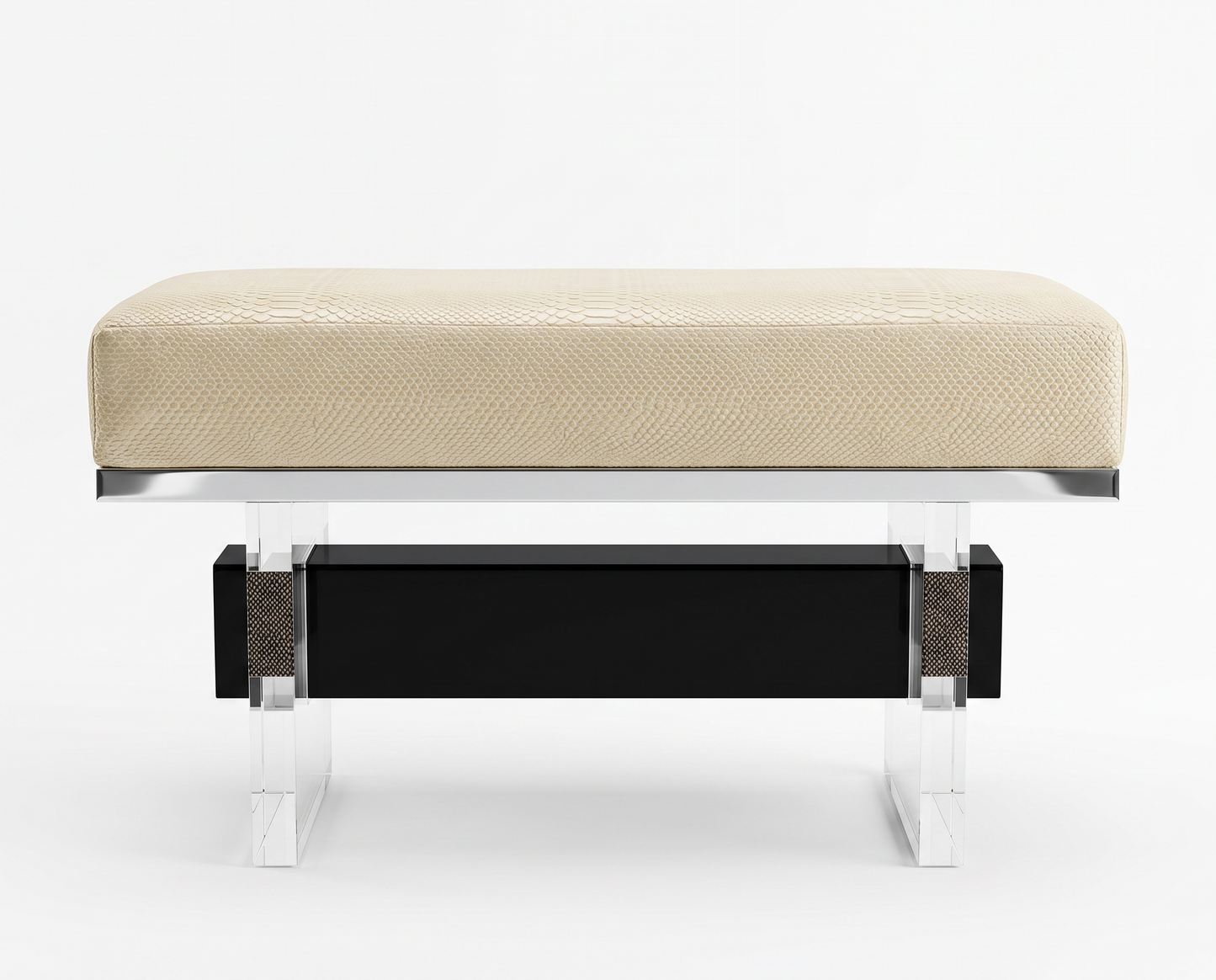 Artistic Frame Bench Clear Acrylic Legs, Cream Colored Textured Upholstered Seat