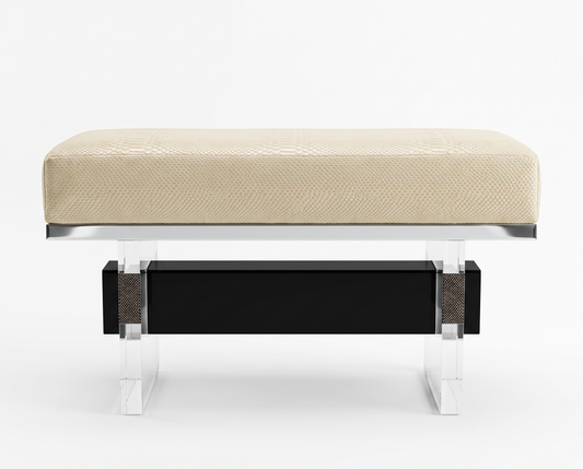 Artistic Frame Bench Clear Acrylic Legs, Cream Colored Textured Upholstered Seat