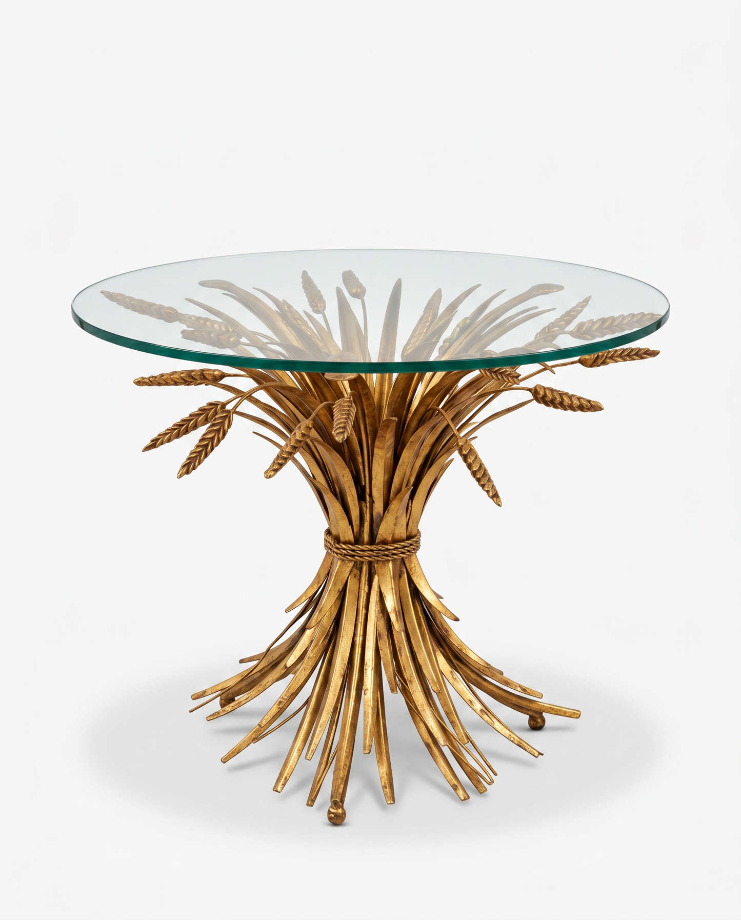 Gold Gild Metal Wheat Sheaf Glass Top Side Table 20Dia 16.5H