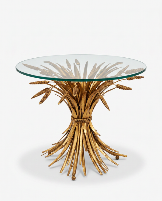 Gold Gild Metal Wheat Sheaf Glass Top Side Table 20Dia 16.5H