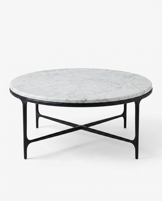 Restoration Hardware Thaddeus Marble, Wrought Iron Round Coffee Table 36Dia 15H