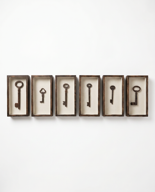 Restoration Hardware Vintage Skeleton Key Shadow Box Wall Art 6.5 x 13 - SET OF 6