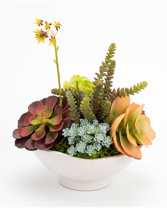 Ribbed Ceramic Bowl w/Succulents & 4Stones Floral Arrangement w/Driftwood 12Dia