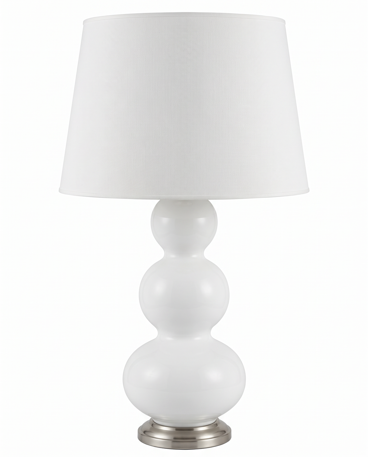 Robert Abbey White Stacked Porcelain Ball Table Lamps, White Shades 33H - PAIR