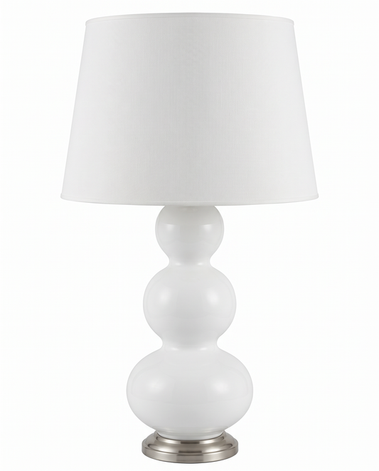 Robert Abbey White Stacked Porcelain Ball Table Lamps, White Shades 33H - PAIR