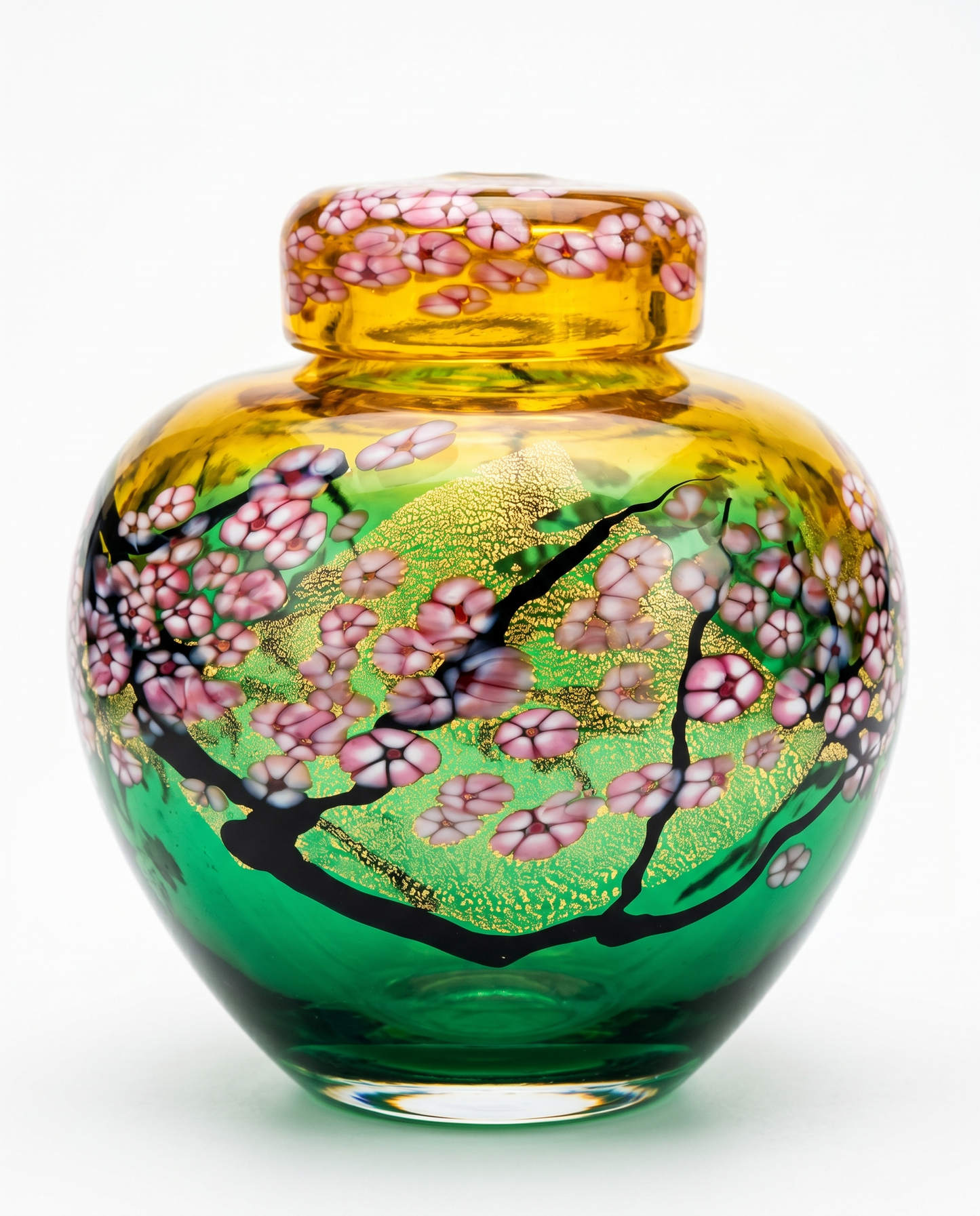 Robert Held Hand Blown Ltd. Ed.18/250 Ginger Jar w/Cherry Blossoms 8Dia 9H