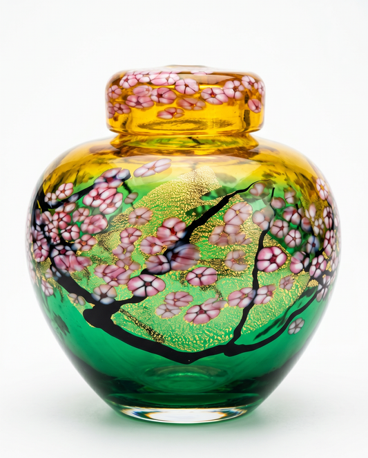 Robert Held Hand Blown Ltd. Ed.18/250 Ginger Jar w/Cherry Blossoms 8Dia 9H