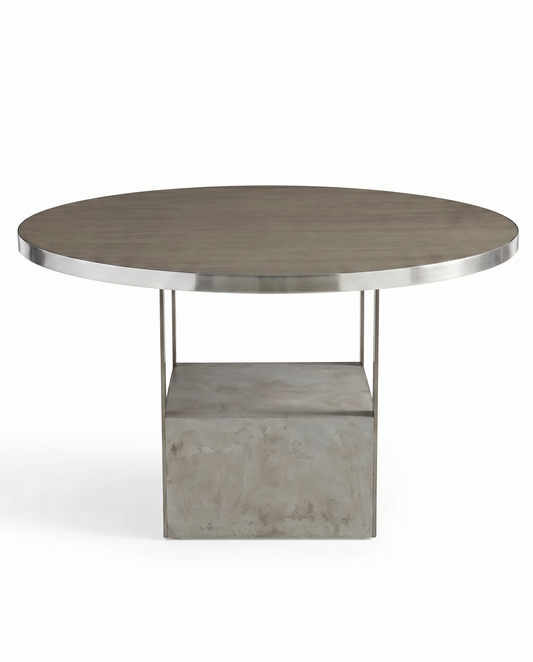 Round Dining Table, Wood w/Metal Vertical Supports, Concrete-Effect Material Base 48.25Dia 30H