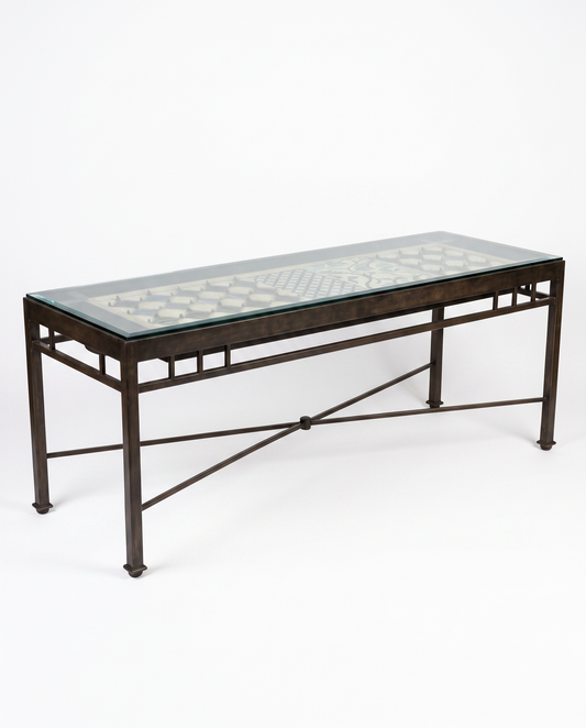 Rustic Wrought Iron Console, Thick Inset Glass w/Hand Carved Wood Display 81W 25D 28.5H