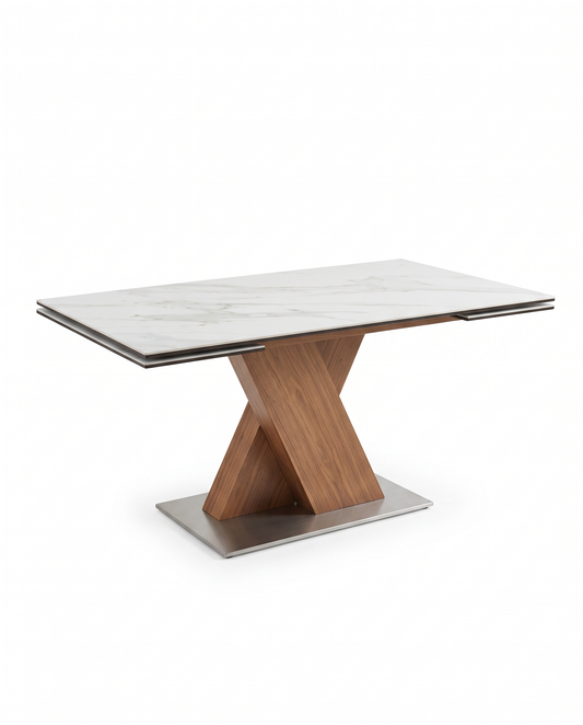 Scandinavian Extension Dining Tbl, Heat Resist Wht. Ceramic Top, Walnut 67 x 29.5 x 29H, 98W w/Extension