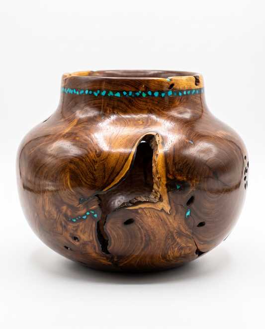 Sculpted Mesquite Wood Bowl w/Turquoise & Finely Crushed Black Marble 7Dia 6.75H