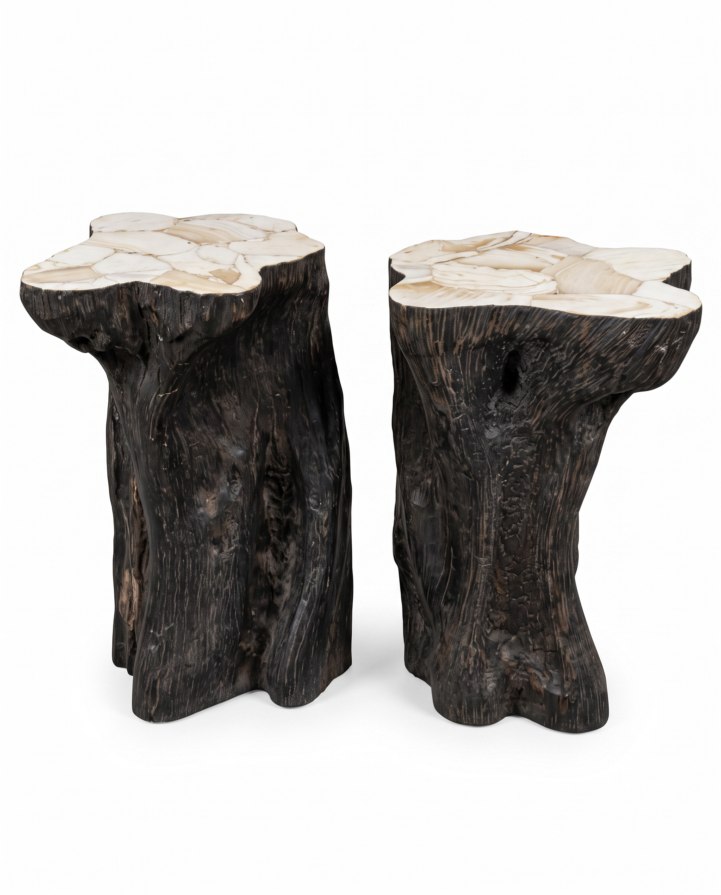 Sculptural Hand-Crvd Fossilized Clay Shell, Charred Wood Side Tables, Twisted Pedestal Design (PAIR)