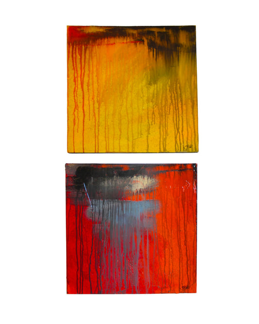 Shawn Savage Diptych Lacquered Vibrant Color Abstracts on Board, Signed on Reverse (PAIR) 24"Sq