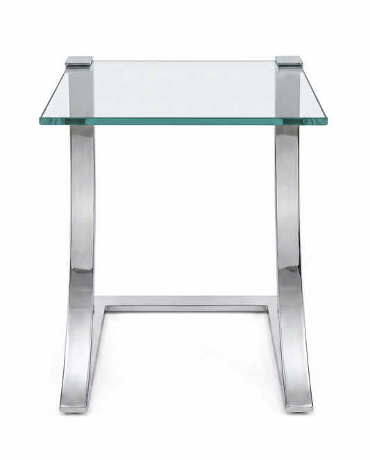 Side Table, Sleek "Z" Frame Polished Nickel, Cantilever Glass Top 16Sq 20H