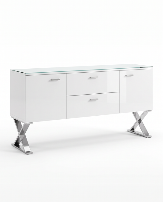 Sideboard High Gloss White Lacquer, Chrome Steel Handles & Base 69 x 18 x 32.5
