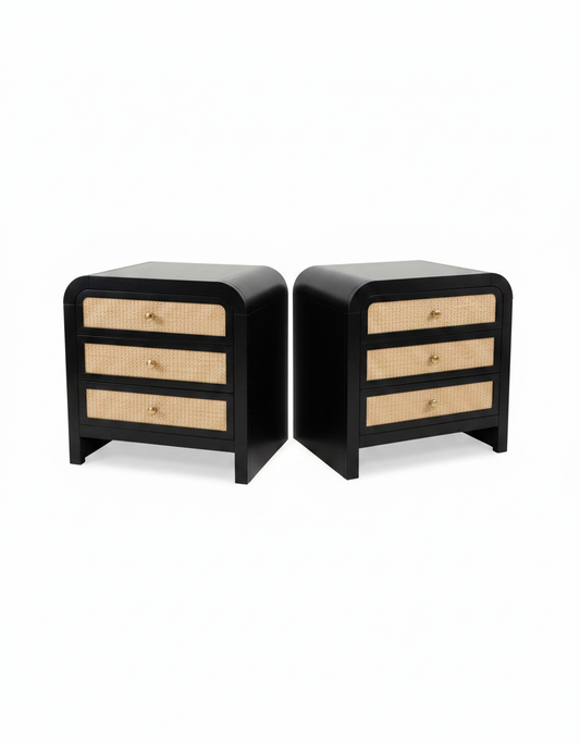 Siena Nightstands by Meridan Furn. Black Wood, Cane Drawer 26W 19D 26H - PAIR