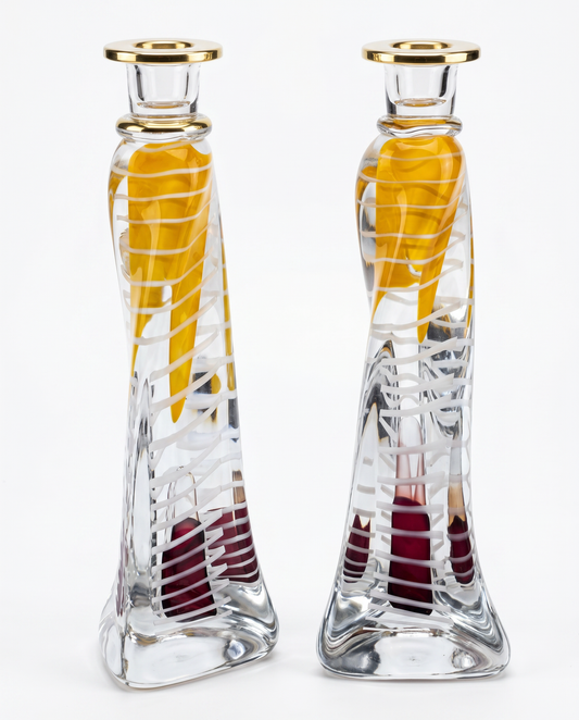 Signed A. Joblonski Art Glass Candlesticks 11.75H - PAIR