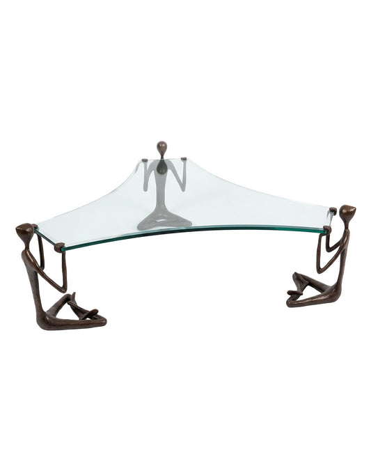 Signed Artist John Kennedy Seated Bronze Figures Supporting Beveled Glass Coffee Table 64Sq 21.5H
