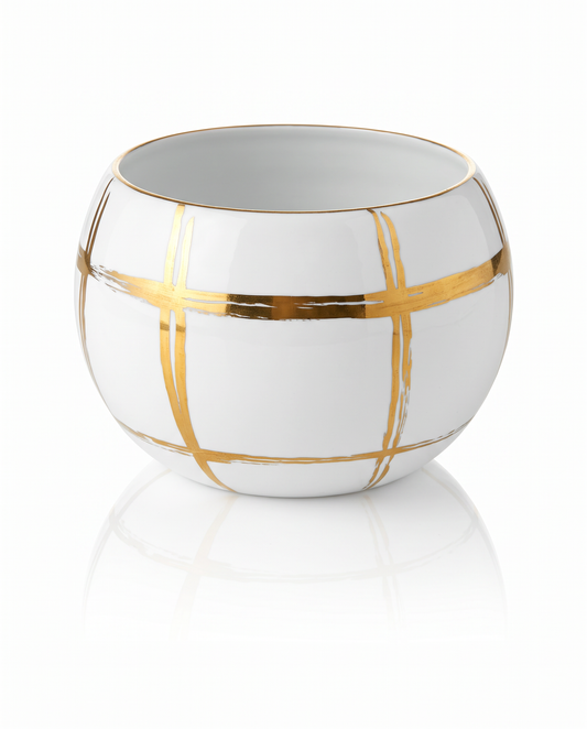 Signed Jill Rosenwald White Ceramic Mini Belly Bowl, Metallic Gold Accent 5Dia