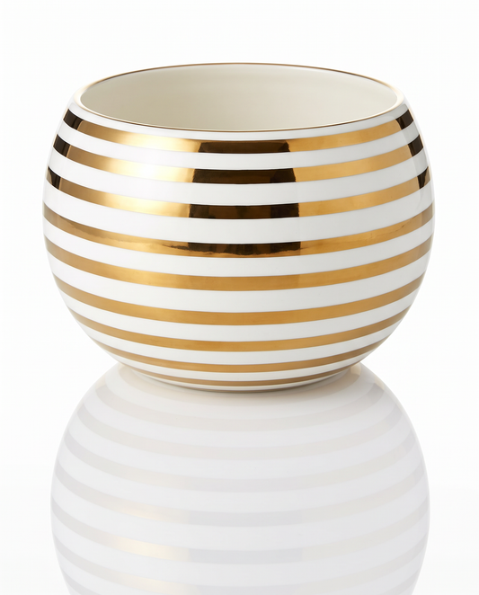 Signed Jill Rosenwald White Ceramic Mini Belly Bowl, Metallic Gold Accent 5Dia