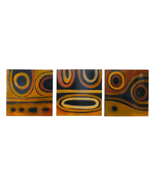 Signed Shawn Savage 2009 Lacquered Original Abstract on Board Triptych 24Sq