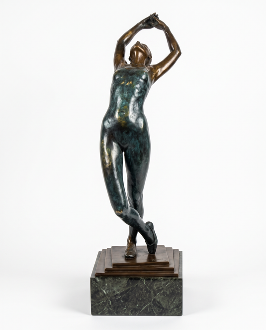 Signed Villerreal Ltd. Ed. 9/35 Art Deco Bronze Dancer Sculpture, Marble Plinth 15 Sq. 71.5H