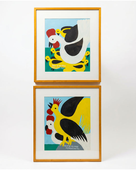 Signed & Dated Center Front, Amos Ferguson "Chicken w/5 Chicks"; "Two Chickens" (PAIR) 22 x 24.5