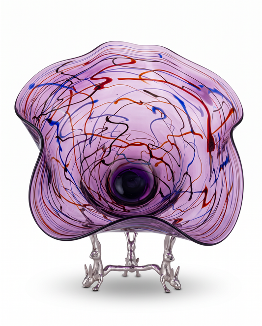 Signed (Ross) Neder Studio Hd. Blown Amethyst Sculpture, Bunny Stand 18H