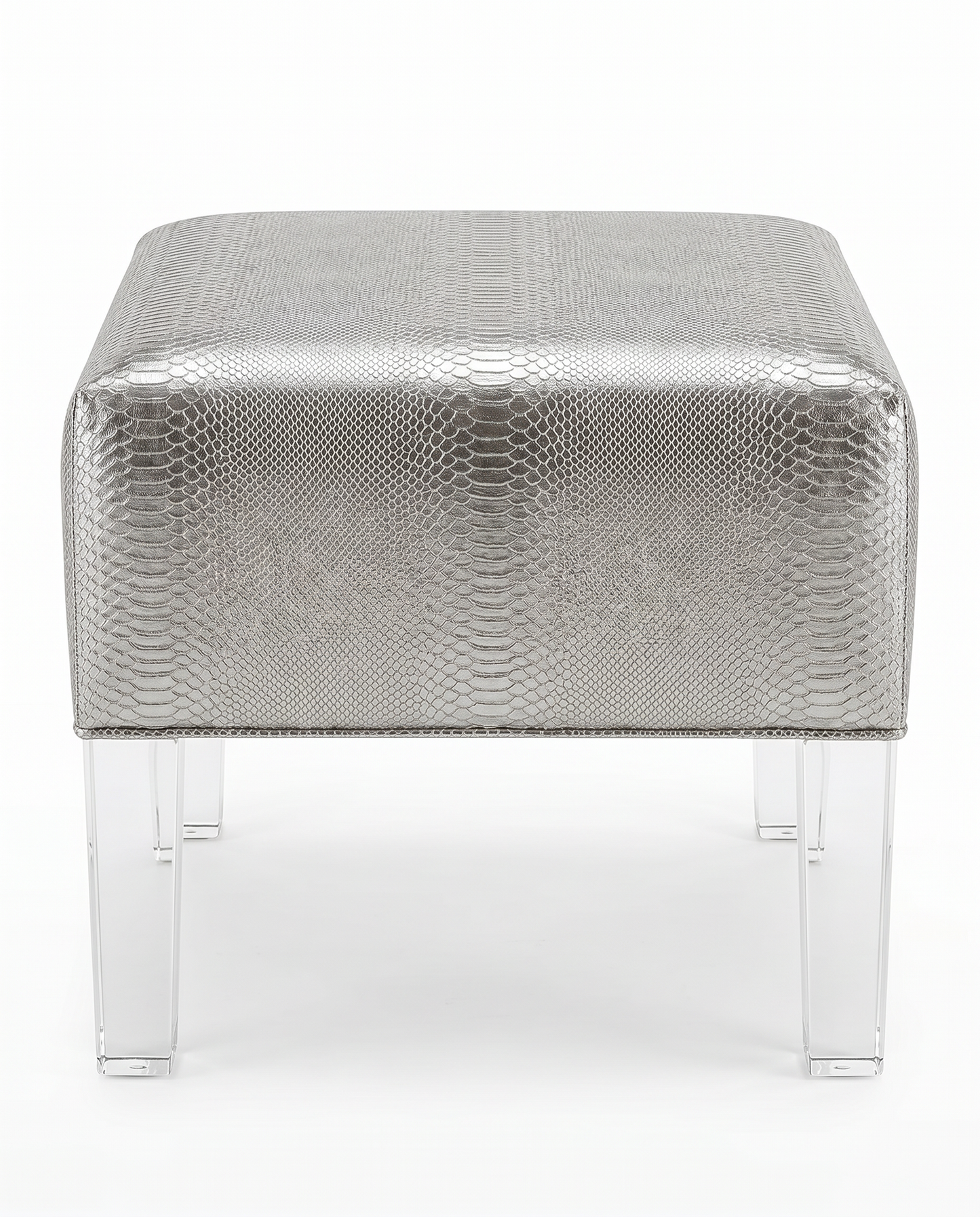 Silver-Toned White Foot Stool, Lucite Legs 23"Sq. 18.5H