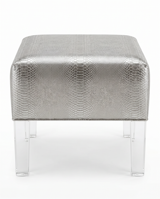 Silver-Toned White Foot Stool, Lucite Legs 23"Sq. 18.5H