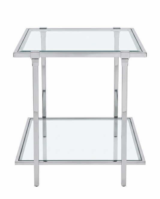 Silver Stainless Steel & Glass Two-Tier Side Table 26.25W 24D 26.5H