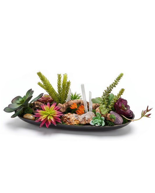 Sm. Oval Metal Bowl w/Succulents & Quartz Floral Arrangement w/Driftwood 22L