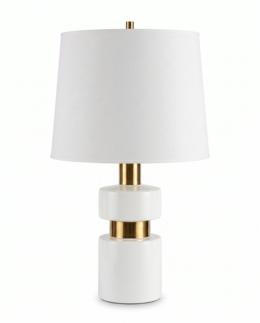 Stacked White Ceramic, Polished Metallic Gold Accent Table Lamps 30.5H - PAIR
