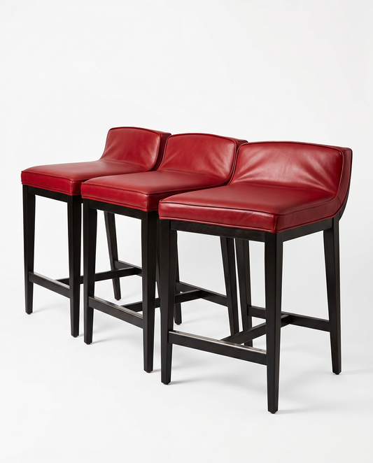Swaim Low Back Barstools, Satin Cinnabar Red Leather 20" x 22.5" x 30"H (SET OF 5) - AS IS