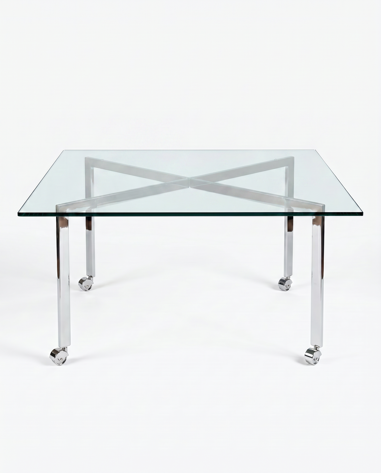 Tempered Glass Top Coffee Table, Polished Stainless Steel Base w/Wheels 39.5"Sq x 20"H