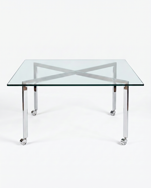 Tempered Glass Top Coffee Table, Polished Stainless Steel Base w/Wheels 39.5"Sq x 20"H