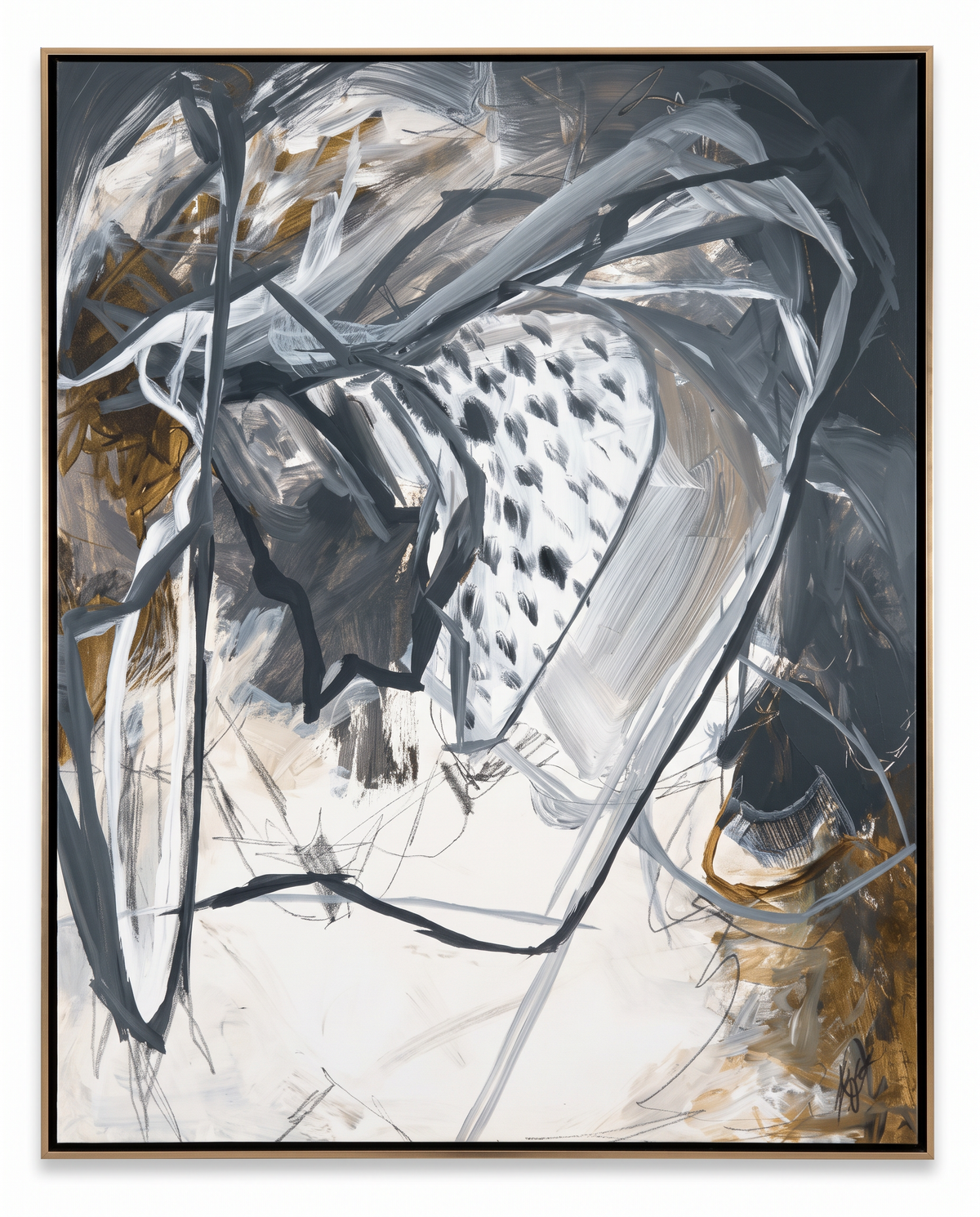 Textured Gold & Brown Abstract on Canvas, Stylized Dark Ink Signature 41.5 x 51.5