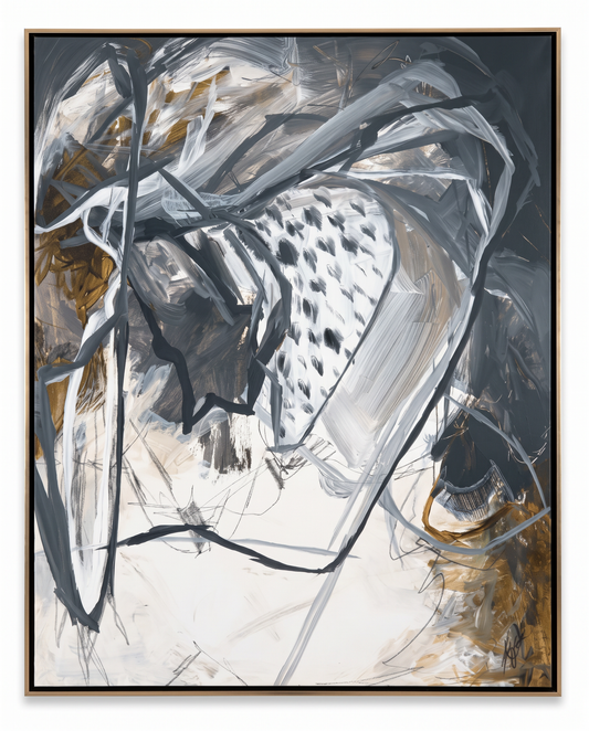 Textured Gold & Brown Abstract on Canvas, Stylized Dark Ink Signature 41.5 x 51.5