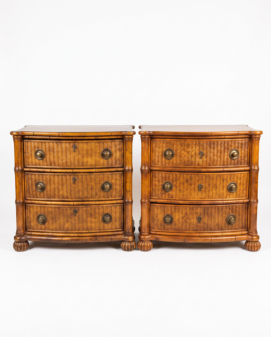Tommy Bahama Lexington Faux Bamboo Chests, Palm Tree Hardware, Woven Rattan Fronts 30W 20D 31H - PAIR