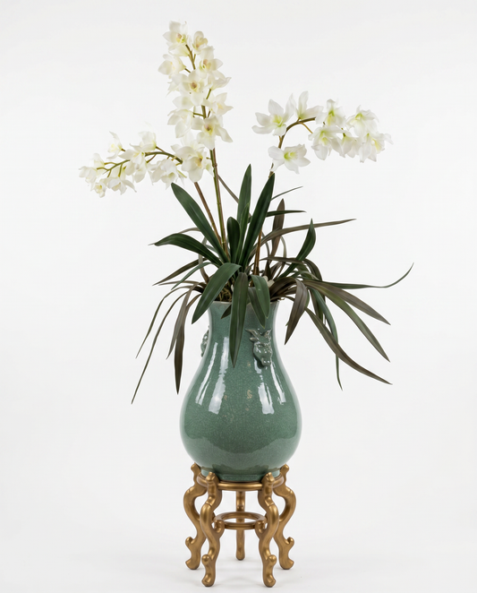 Traditional Chinese Celadon Crackle Glazed Porcelain Vases, 2 Ram Handles, Silk Floral 71.5H - PAIR