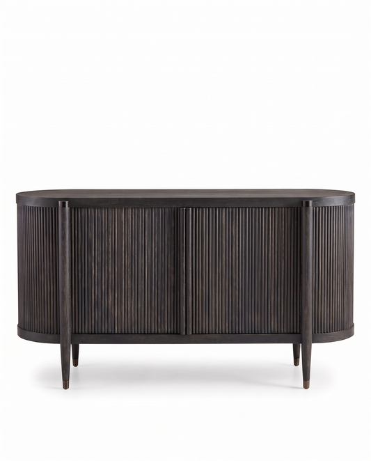 Uttermost Tambour Cabinet in Black Ceruse, Fluted Wood Detailing 64W 18.25D 34.25H