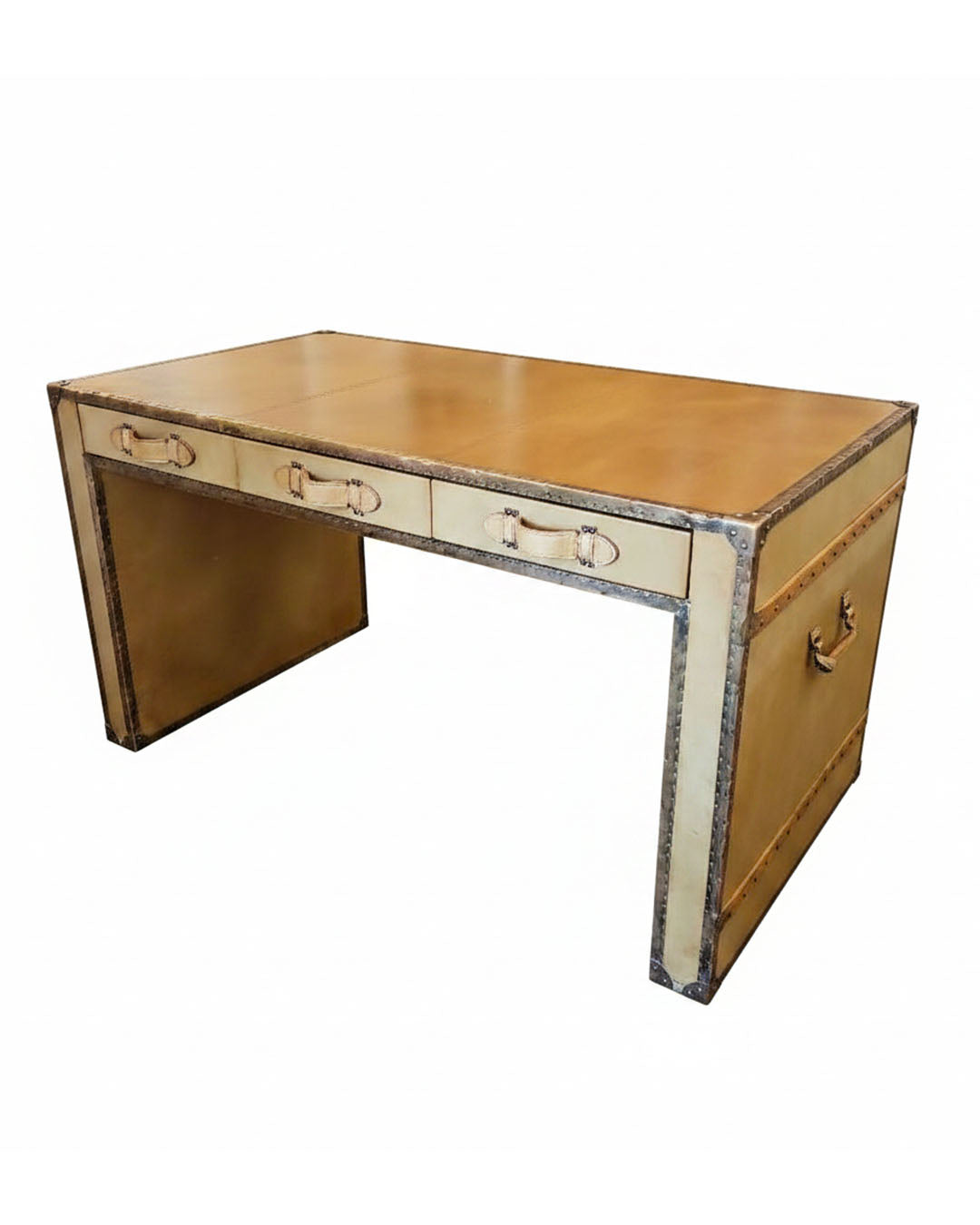 Vintage Campaign Full Leather Desk w/3 Drawers Made By Esquire 58.25W 31D 31.5H