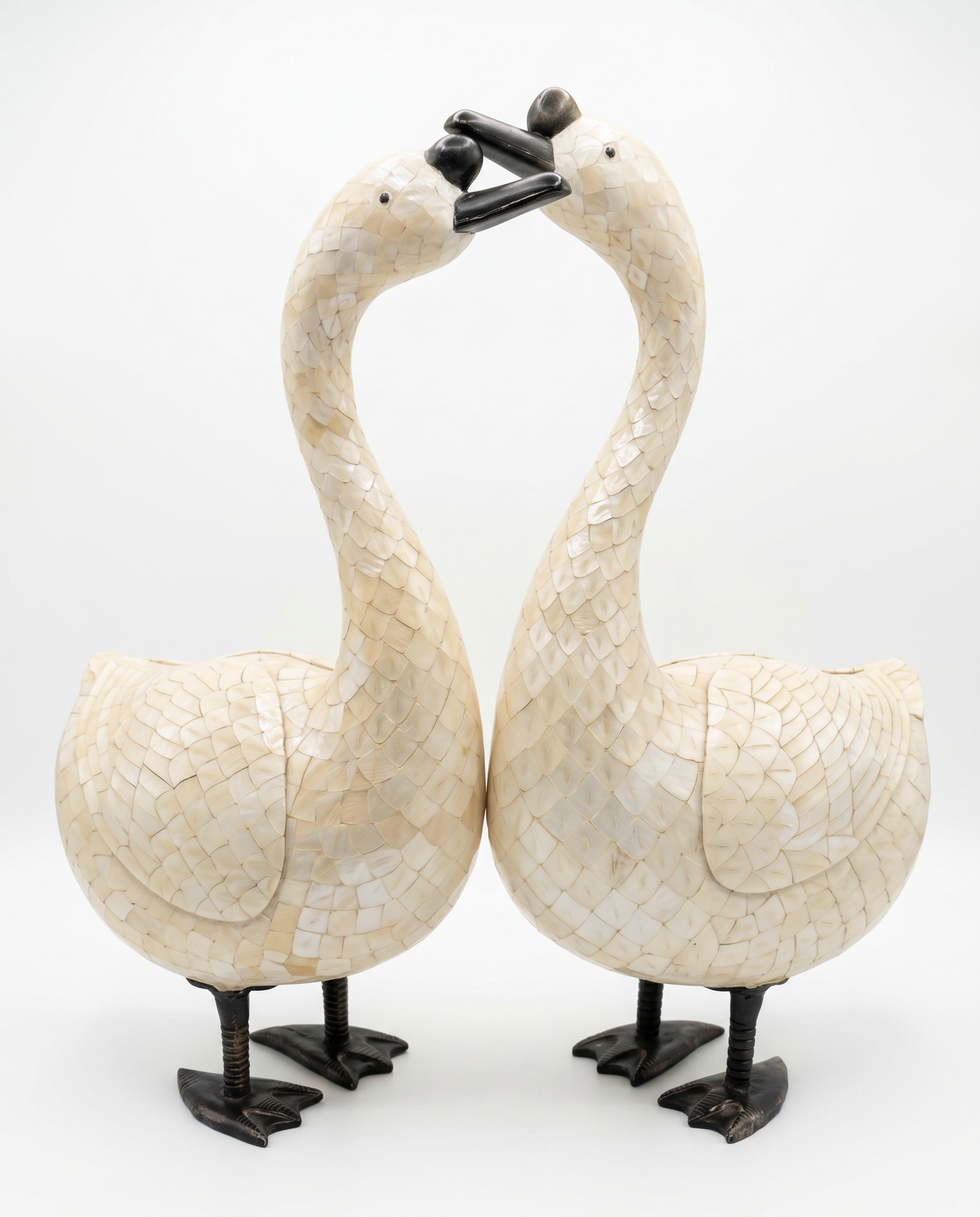 Vintage Folk Art Swan Sculpture, Carved Wood Head & Neck, Mosaic Tiled Body, Dark Metal Feet 17W 8D 26.5H - PAIR